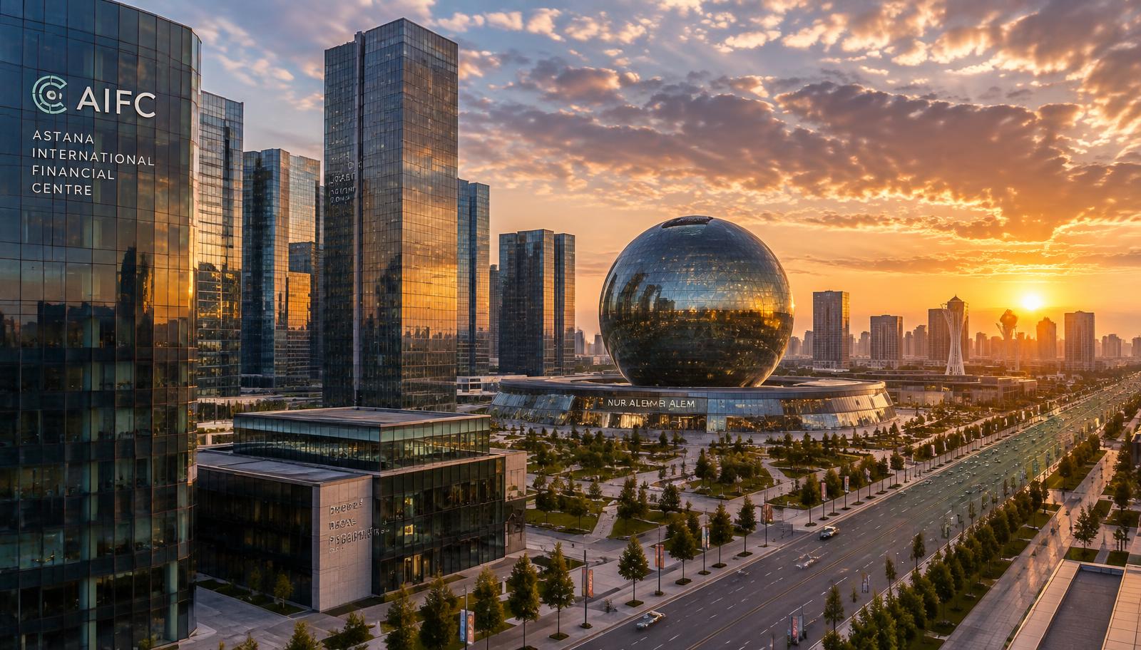 Astana International Financial Centre district at golden hour
