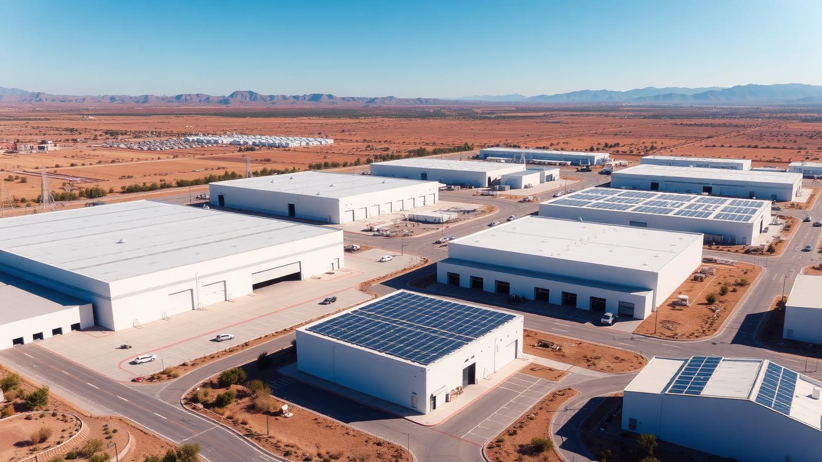 Industrial park with production halls and warehouses