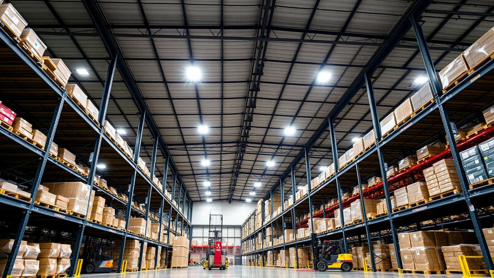 Interior of a class-A warehouse with high racking